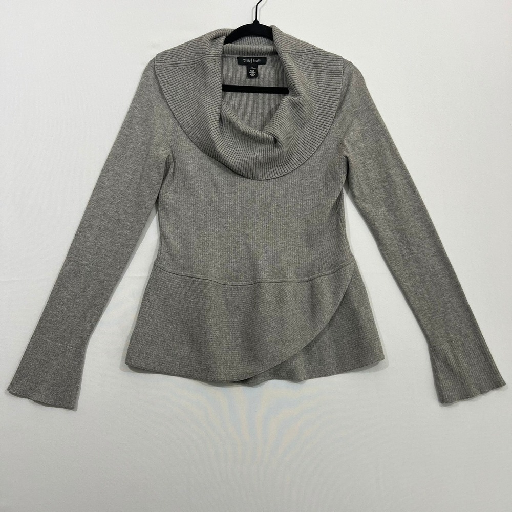 White House Black Market Cowl Neck Peplum Sweater Ribbed Cozy Gray Womens Size M